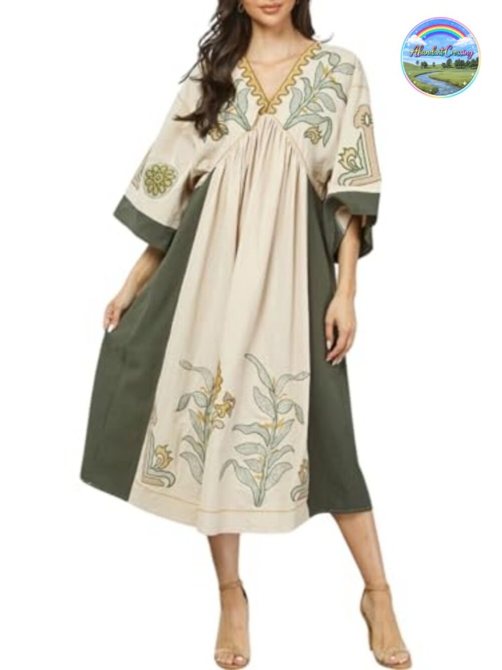 Floral Embroidered Babydoll Dress V-Neck 3/4 Sleeve Swing Dress Cotton Linen